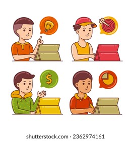 Hombres trabajando con tableta gráfica al estilo de dibujos animados