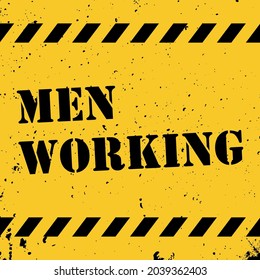 Men working hazard info banner. Vector illustration on yellow background