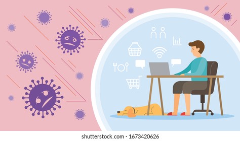 Men Working at Home with Dog, Prevention of Covid-19, Coronavirus Disease Background, Health Care and Safety