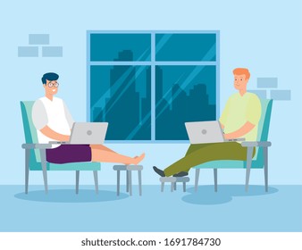 men working at home with laptops sitting in chair vector illustration design