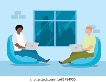 men working at home with laptops sitting in pouf vector illustration design