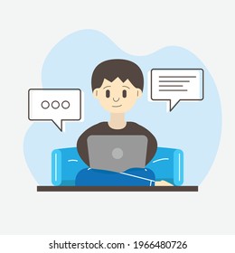 Men working at home. Male workers sitting with cushions and typing. Flat style illustration concept.