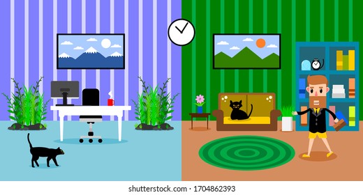 Men working at home. Stay home to prevent the coronavirus(Covid-19). Freelance people in private areas. Working remotely concept. Vector illustration