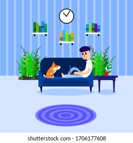 Men working at home. Stay home to prevent the Coronavirus(Covid-19). Freelance people in private areas. Working remotely concept. Vector illustration