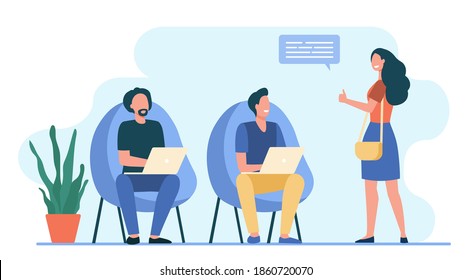 Men working at laptop. Woman showing thumb up to them flat vector illustration. Communication, team, coworking concept for banner, website design or landing web page