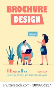 Men working at laptop. Woman showing thumb up to them flat vector illustration. Communication, team, coworking concept for banner, website design or landing web page