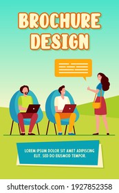 Men working at laptop. Woman showing thumb up to them flat vector illustration. Communication, team, coworking concept for banner, website design or landing web page