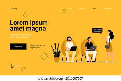 Men working at laptop. Woman showing thumb up to them flat vector illustration. Communication, team, coworking concept for banner, website design or landing web page