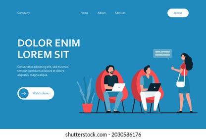 Men working at laptop. Woman showing thumb up to them flat vector illustration. Communication, team, coworking concept for banner, website design or landing web page