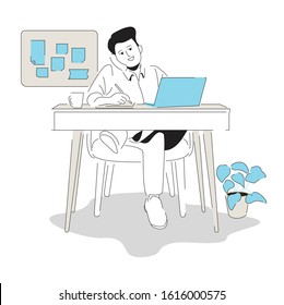 men working on his desk while talking on phone. flat cartoon vector illustration