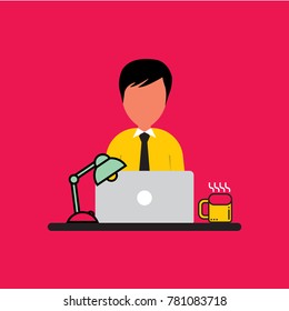 Men working on laptop with coffee and idea vector illustration
