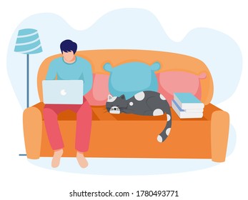 Men working on laptop sitting on sofa, cat   laying on sofa,  work from home concept, study from home concept, vector illustration