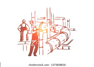 Men working on pipeline, safety check, workers in hard hats, maintenance business, petroleum refinery. Energy industry, oilman profession concept sketch. Hand drawn vector illustration