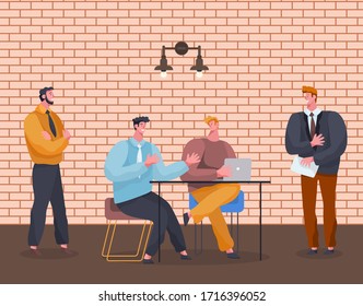 Men working on project in team. Teamwork of people in office using laptop putting ideas in computer. Communication between coworkers on meeting. Conference of business partners, vector in flat style