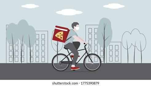 Hombres trabajando en la entrega de pizza. Montando en la bicicleta con máscara de protección. Ilustración del vector