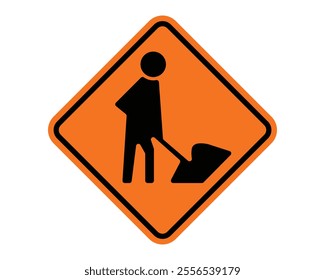 Men Working Symbol Construction Sign Featuring Orange Diamond Shape with Black Border and Worker with Shovel Icon, Indicating Construction Activities, Available as a Vector File