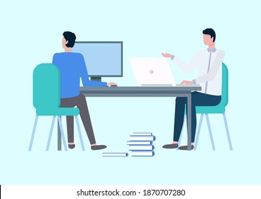 Men working in team vector, people with computers flat style male with colleague with new business project developing strategy and planning steps