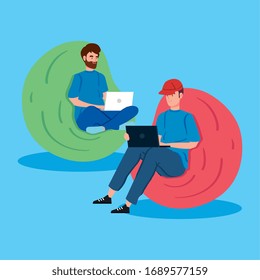 hombres que trabajan en el teletrabajo sentados en un diseño de ilustración vectorial de puf