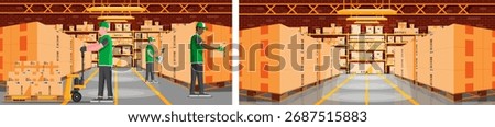 Men working in warehouse. Logistic and delivery service. Storage room with boxes on rack. Cargo and shipping.