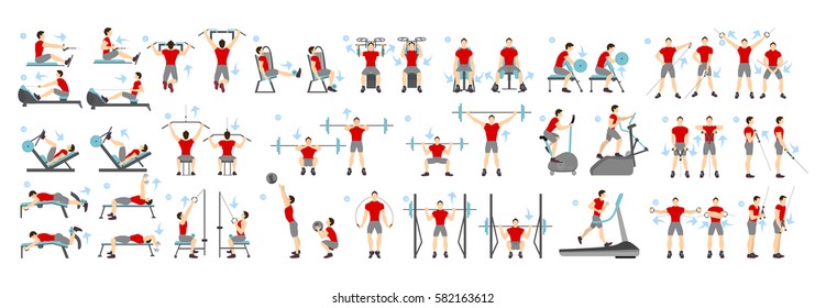 Men workout set. All kinds of exercises in gym like cardio, treadmill, body lifting and more using machines. Healthy lifestyle. - Shutterstock ID 582163612