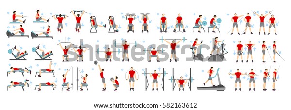 Men workout set. All kinds of exercises in gym\
like cardio, treadmill, body lifting and more using machines.\
Healthy lifestyle.
