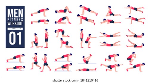 Men Workout Set. Men exercise vector set. Men doing fitness and yoga exercises. Lunges, Pushups, Squats, Dumbbell rows, Burpees, Side planks, Glute bridge, Leg Raise, Russian Twist .etc - Shutterstock ID 1841210416