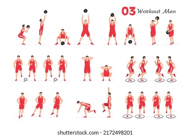 Men workout set. Men Fitness Aerobic and Exercises. Men doing fitness and yoga exercises. Flat style