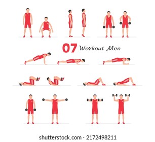 Men workout set. Men Fitness Aerobic and Exercises. Men doing fitness and yoga exercises. Flat style