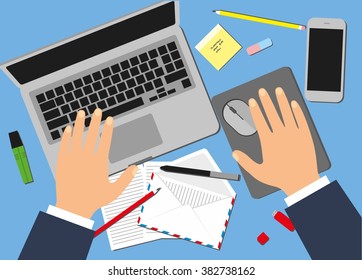 Men in the workplace. Top view of male hands, desk, laptop screen, stock vector illustration.