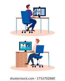 men in workplaces in video conference vector illustration design