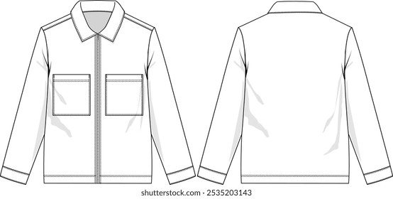 Men workwear canvas jacket boxy fit with patch pockets, zipper opening at center front, lapel collar, cuff at sleeve, sketch front and back, vectors