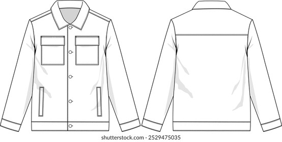 Chaqueta de lona de ropa de trabajo para hombres con cuello, bolsillos de parche gemelos en el pecho, abertura a presión en el centro delantero, bolsillos de entrada laterales, canesú trasero, puño en la manga, boceto delantero y trasero, Vectores