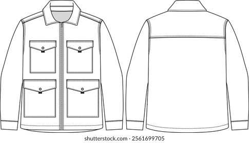 Men Workwear Canvas Jacket, zipper opening at front, 4 cargo pockets, lapel collar, drop-tail hem, sketch front and back, vectors