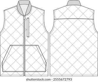 Men Workwear Canvas Vest with diamond quilt stitching, sherpa lined, pouch pockets, chest welt pocket, Ribbed knit collar, sketch front and back