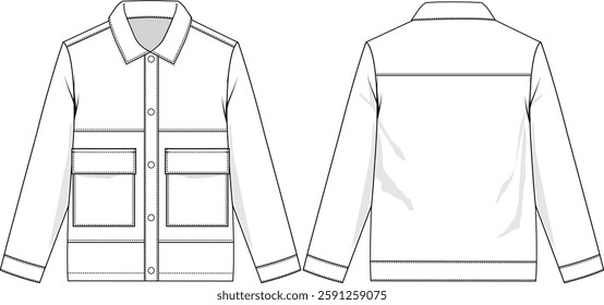 Men Workwear Cargo Jacket with double cargo patch pockets between body inserts, and snaps closure at center front, relaxed fit, lapel collar, straight hem, sketch front and back, vectors