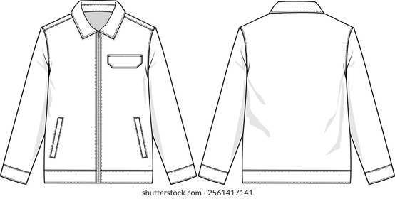 Men workwear jacket with collar, wearer left flap pockets on chest, zipper opening at center front, side entry welt pockets, cuff at sleeve and bottom band, sketch front and back, vectors