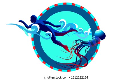 Men wounded in water. Attention of jellyfish. Caution of medusa on sea coast, beach. Poison hazard for swimmers