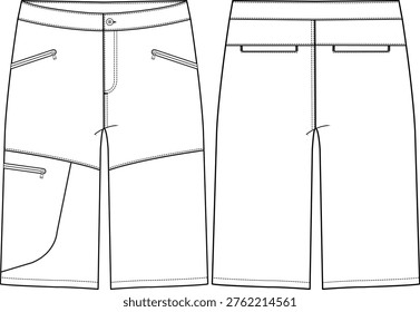 Men woven bermuda short classic fit with asymmetrical pocket on wearer right side with zipper pocket, front zipper pockets on top part, back welt pockets, longer inseam, knee length, fly closure with button on waistband, sketch front and back