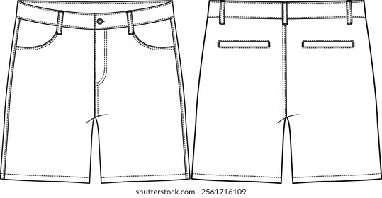 Men woven classic short modern fit with front rounded entry pockets and back welt pockets, belt loops, fly closure with button on waistband, sketch vectors front and back