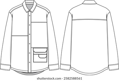 Men Woven shirt long sleeve with buttoned placket, asymmetrical cuts at front, double patch pockets at wearer left side bottom hem, back yoke, lapel collar, sleeve cuffs, rounded hem, front and back