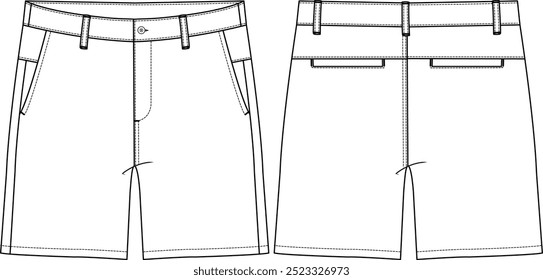 men woven short modern fit with pockets and belt loops, fly closure with button on waistband, sketch vectors front and back