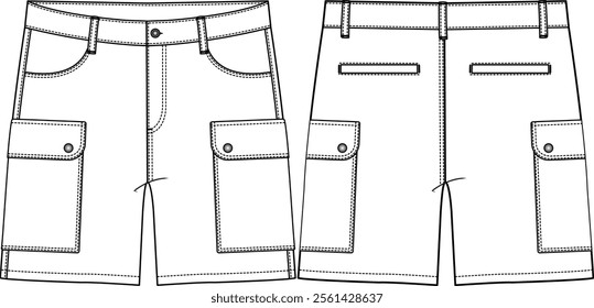 Men woven short modern fit with rounded front pocket entry, side cargo pockets and flaps with snaps, back welt pockets, belt loops, fly closure with shank on waistband, sketch vectors front and back