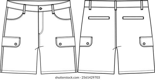 Men woven short modern fit with rounded front pocket entry, side flap pockets with snaps, back welt pockets, belt loops, fly closure with shank on waistband, sketch vectors front and back