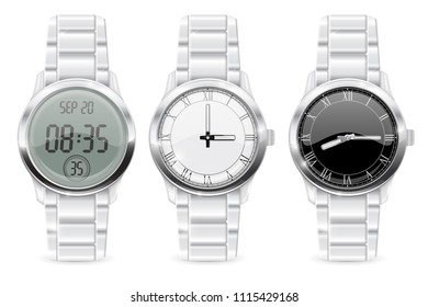 Men wrist watch. 3d set. Vector illustration isolated on white background