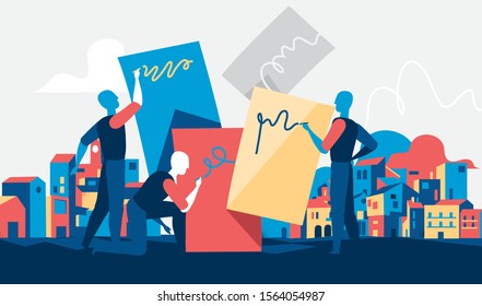 Men writing messages on colorful posters. Vector illustration