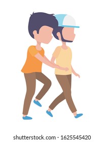 men young characters walking cartoon vector illustration