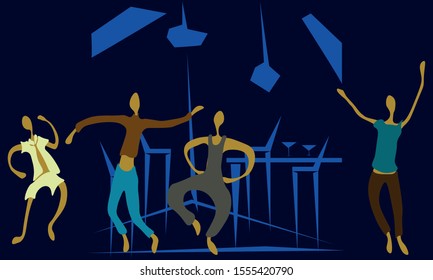 Men, young people dance, bar, blue