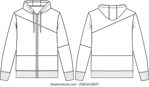 Men Zip-up hoodie long sleeve with rib cuff and rib bottom hem, asymetrical slanted cut and sew, front and back view, drawcord on hoodie, vector sketches