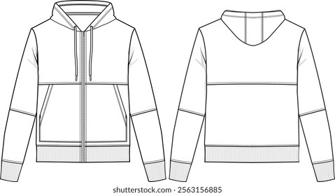 Men Zip-up hoodie, relaxed fit, long sleeve with rib cuff, big kangaroo pocket, horizontal cuts on body and sleeves, front and back view, vector sketches