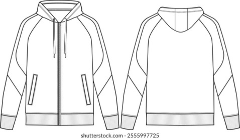 Men Zip-up raglan hoodie long sleeve with rib cuff and bottom band, welt pockets, panels on sleeve,  front and back view, vector sketches